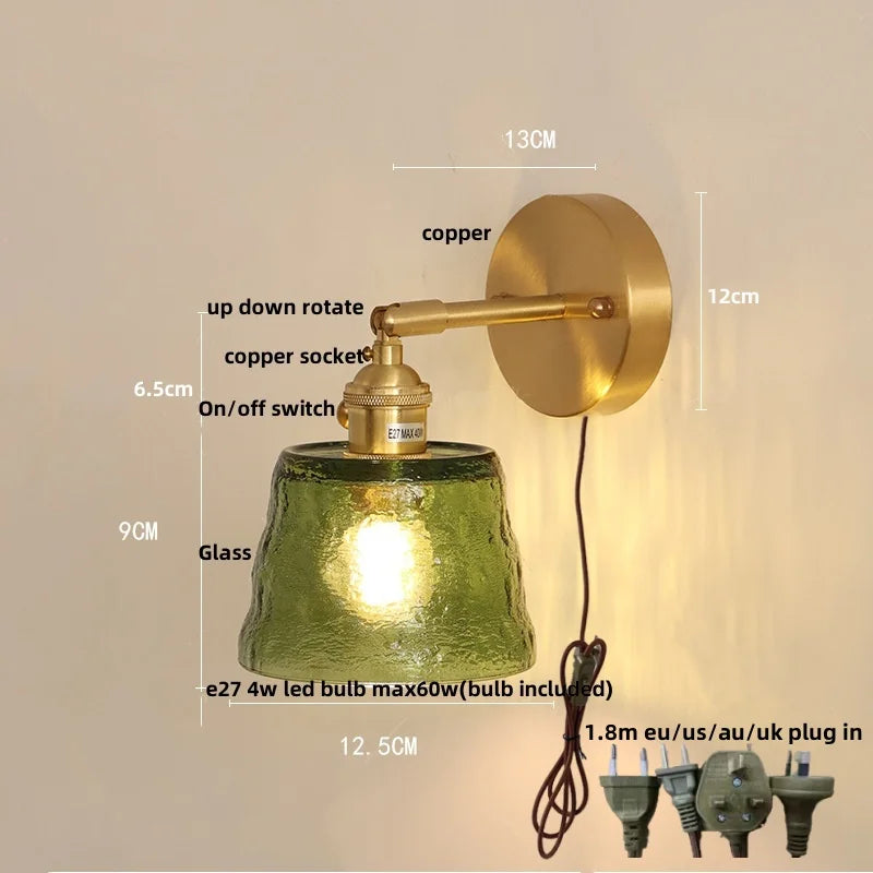Afralia™ Green Glass LED Wall Lights Pull Chain Switch Vintage Style Bedside Lamp