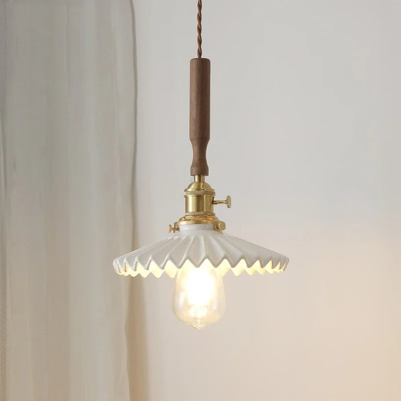 Ceramic Walnut Wood LED Pendant Light Fixture for Dining Room and Home Decor