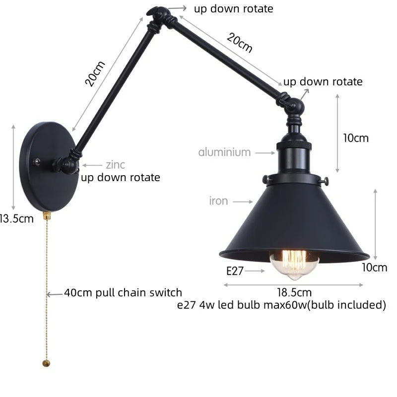 Afralia™ Gold Long Arm LED Wall Sconce with Pull Chain Switch