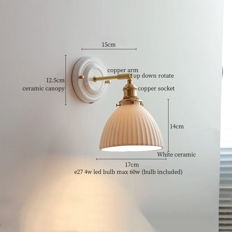 White Glass LED Wall Lights Pull Chain Switch Copper Arm - Bedroom Stair Living Room Mirror Bedside Lamp