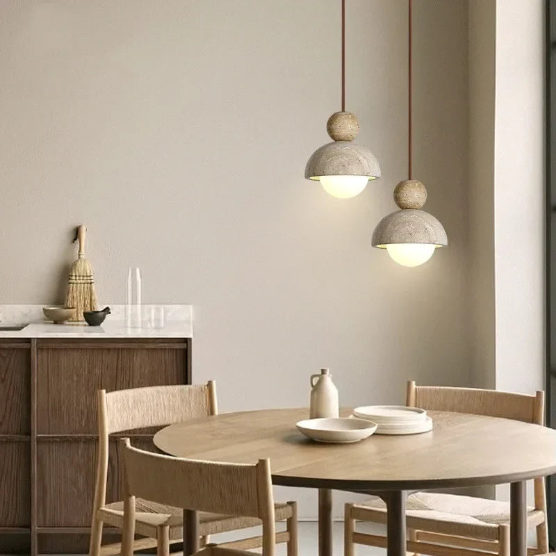 Glass Ball Pendant Light - Adjustable Wire, LED, Yellow Travertine White, Dining Room