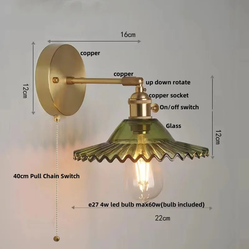 Vintage Green Glass LED Wall Light with Pull Chain Switch