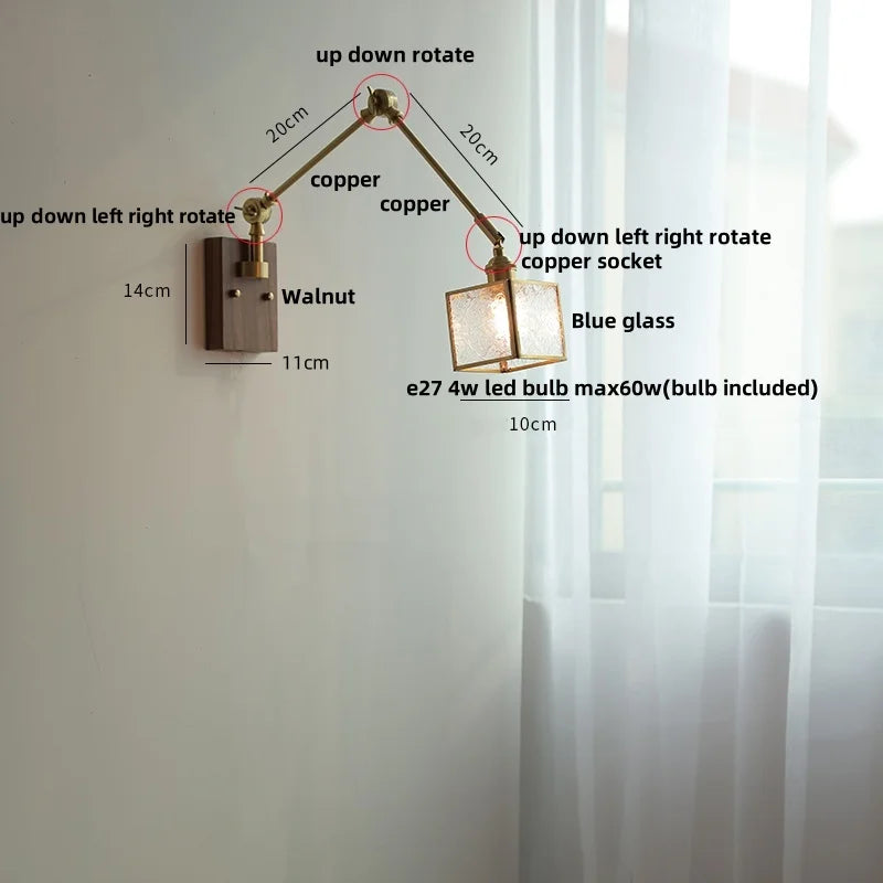 Ash Wood LED Swing Arm Wall Light with Pull Chain Switch & Blue Glass