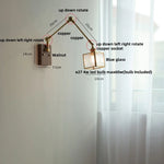 Ash Wood LED Swing Arm Wall Light with Pull Chain Switch & Blue Glass