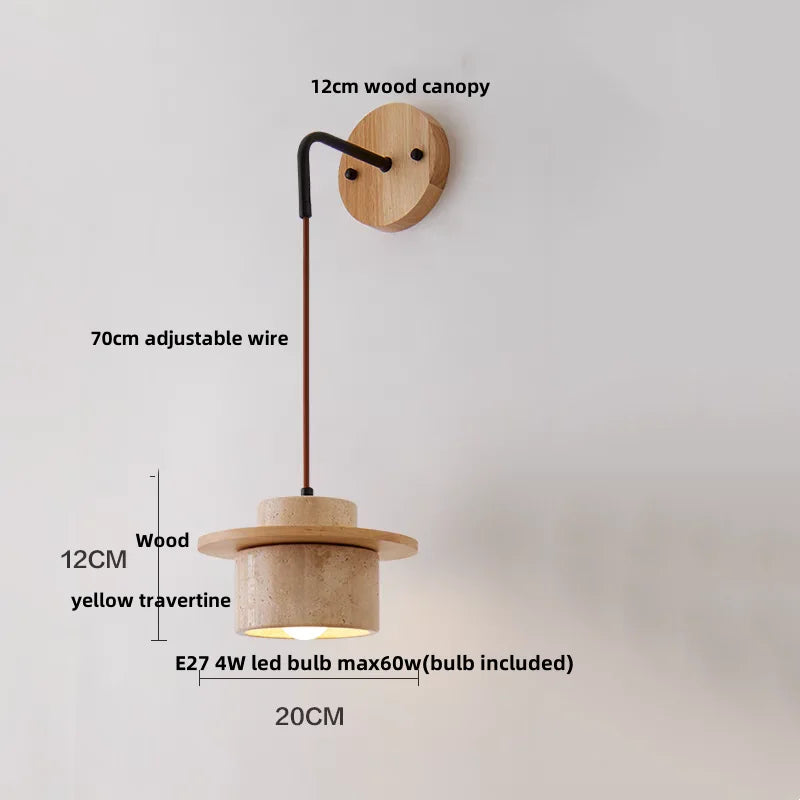 Yellow Travertine LED Wall Lamp with Pull Chain Switch, Nordic Modern Design
