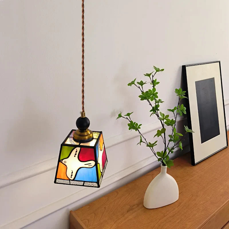 Peace Dove Glass Pendant Light Fixture Wood Copper Tiffany Style LED Hanging Lamp