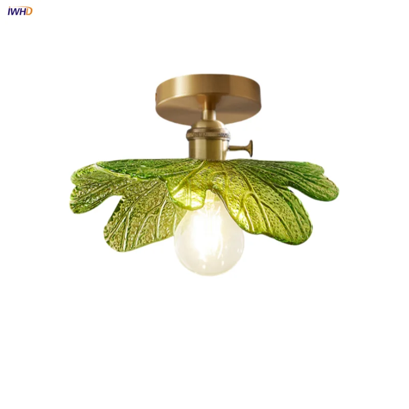 Green Flower Glass Copper Ceiling Light - Nordic Modern LED, Living Room Bedroom Hallway Fixtures