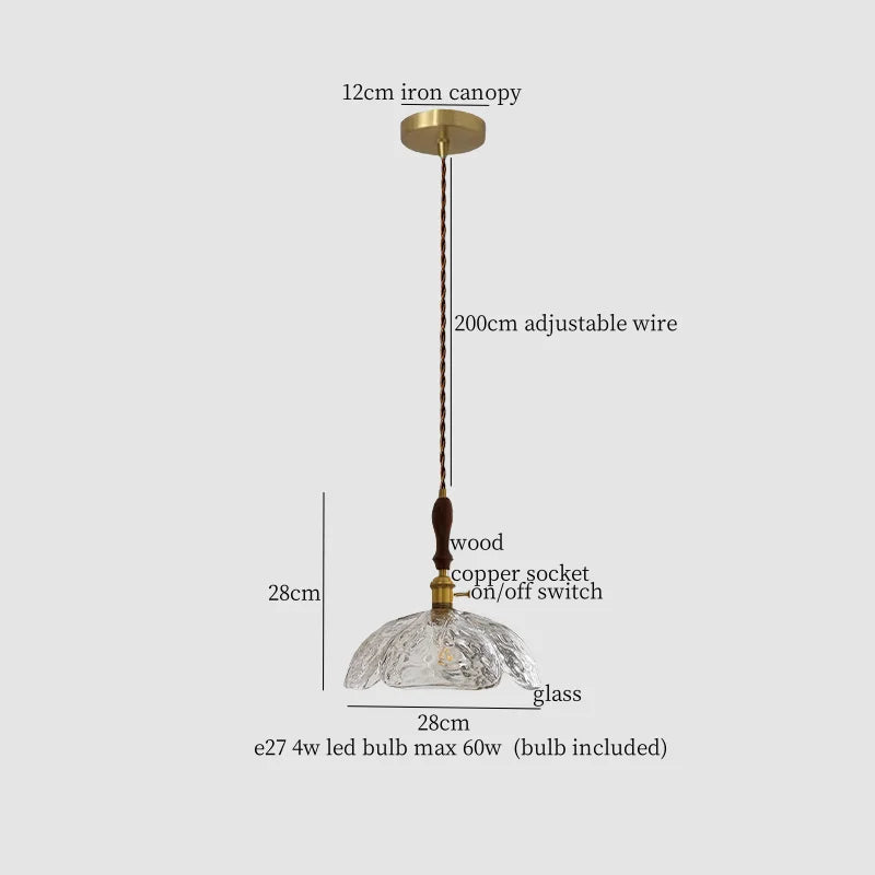Copper Wood Glass LED Pendant Lamp - French Minimalist Design for Home Decor