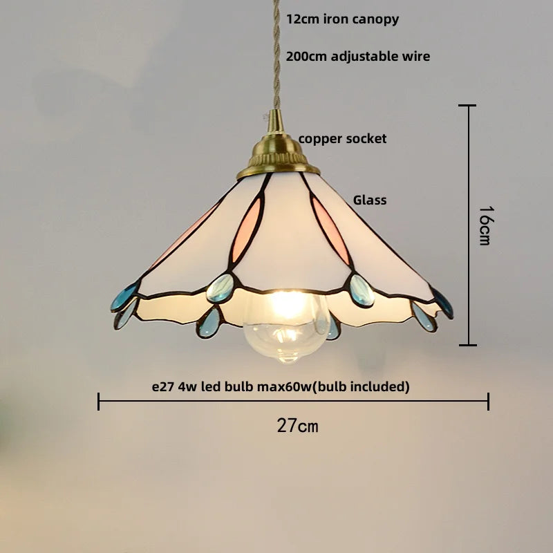 Walnut Wood LED Pendant Tiffany Glass Hanging Lamp - Vintage Dining Room Light