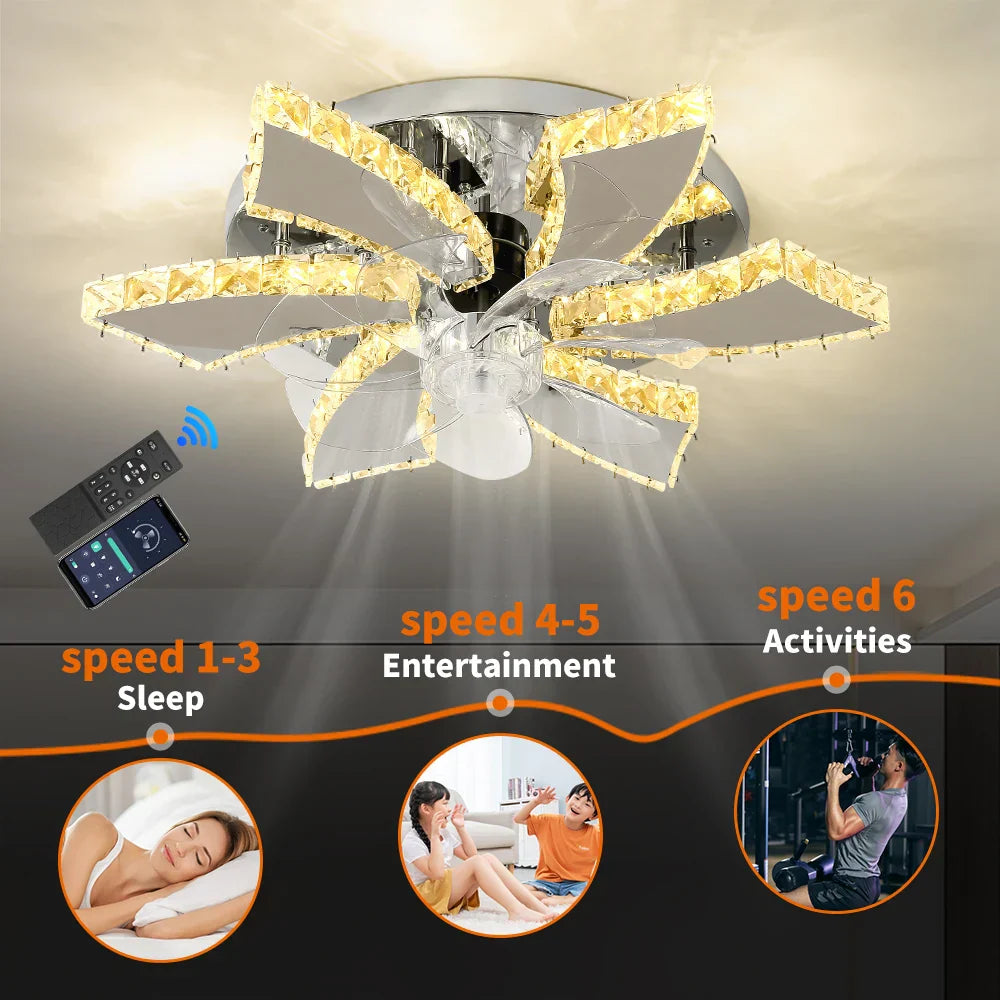 Crystal Luxury Ceiling Fan with LED Lamp Chandelier Smart Home Decor Fixtures
