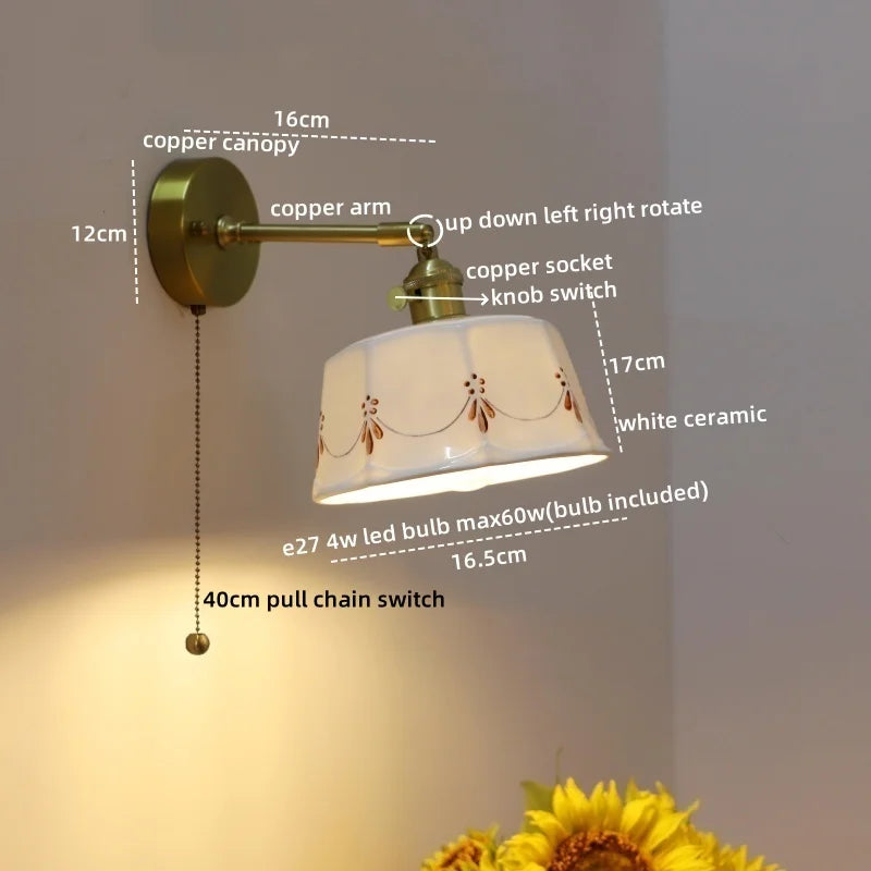 Ceramic Hand-painted LED Wall Light, Pull Chain Switch, Modern Bedside Lamp