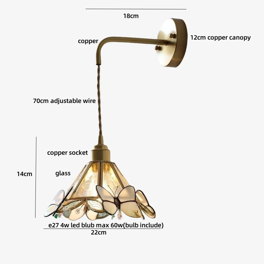 LED Butterfly Glass Wall Lamp Sconce with Pull Chain Switch