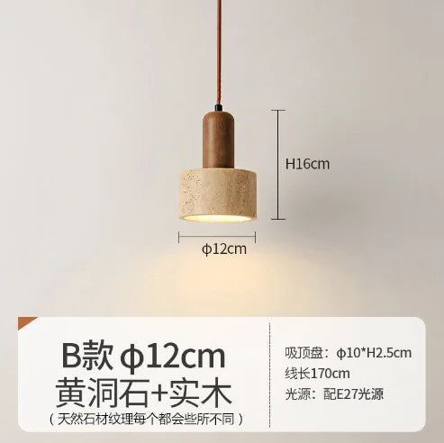 Japanese Wooden Stone Chandelier Pendant Light, Wabi-Sabi Style Yellow Cavity-Stone Lamp