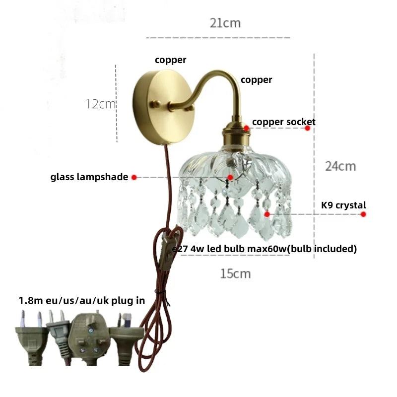 Nordic LED Wall Light with Pull Chain Switch, Crystal Glass Bedside Lamp