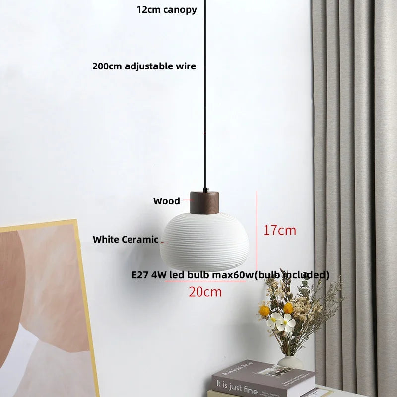 Wood LED Pendant Lamp White Ceramic Ball Hanging Lights