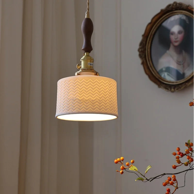 Walnut Wood LED Pendant Lights with Ceramic Accent & Copper Knob Switch