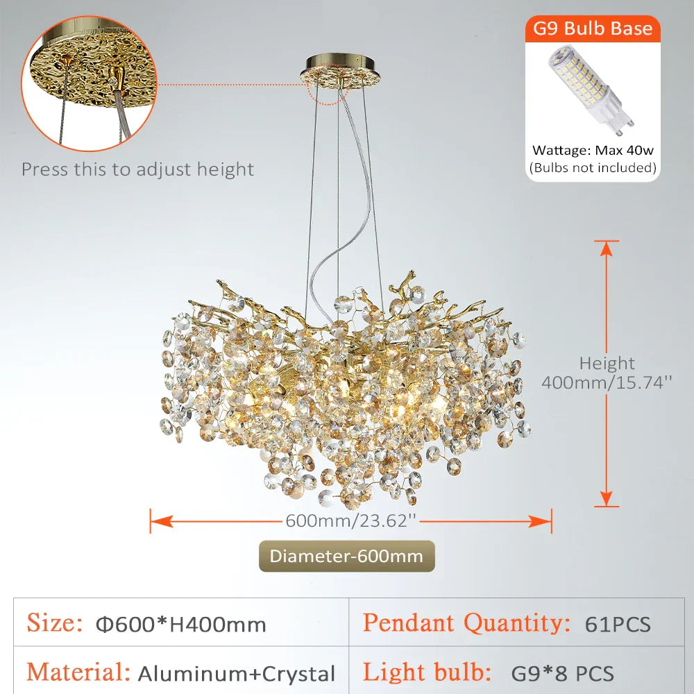Sun Crystal Gold Lustre Chandelier: Nordic Villa Restaurant LED Ceiling Lamps