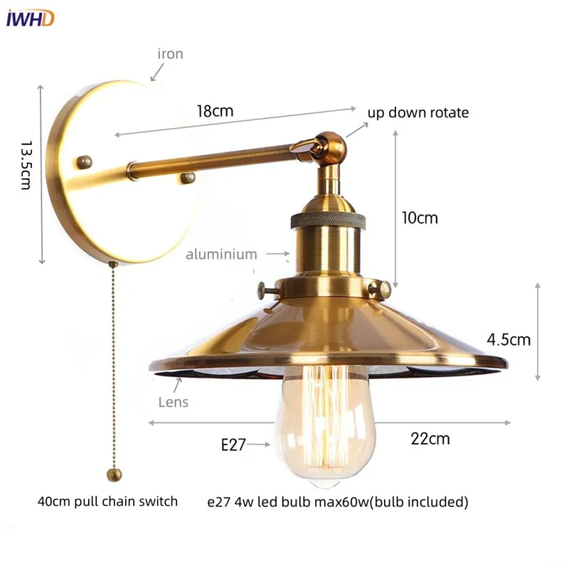 Vintage LED Pull Chain Wall Lights, Industrial Retro Iron Aisle Bedside Lamp