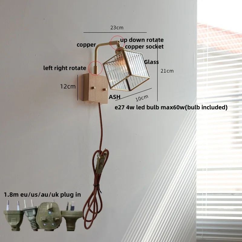 Walnut LED Wall Sconce, Vintage Glass Cube Stair Light Fixture