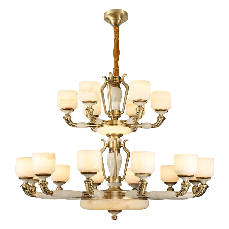 Zinc Alloy European Chandelier with Natural Jade Accent for Villa Living Room