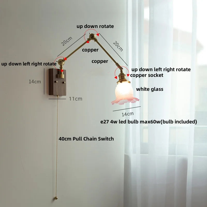 Yellow Glass LED Wall Sconce Walnut Wood Bedside Lamp