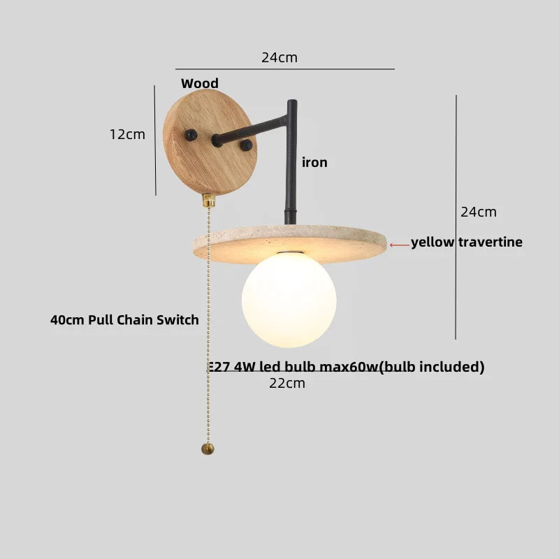 Yellow Travertine LED Wall Lamp Iron Pull Chain Switch Nordic Modern Stair Light