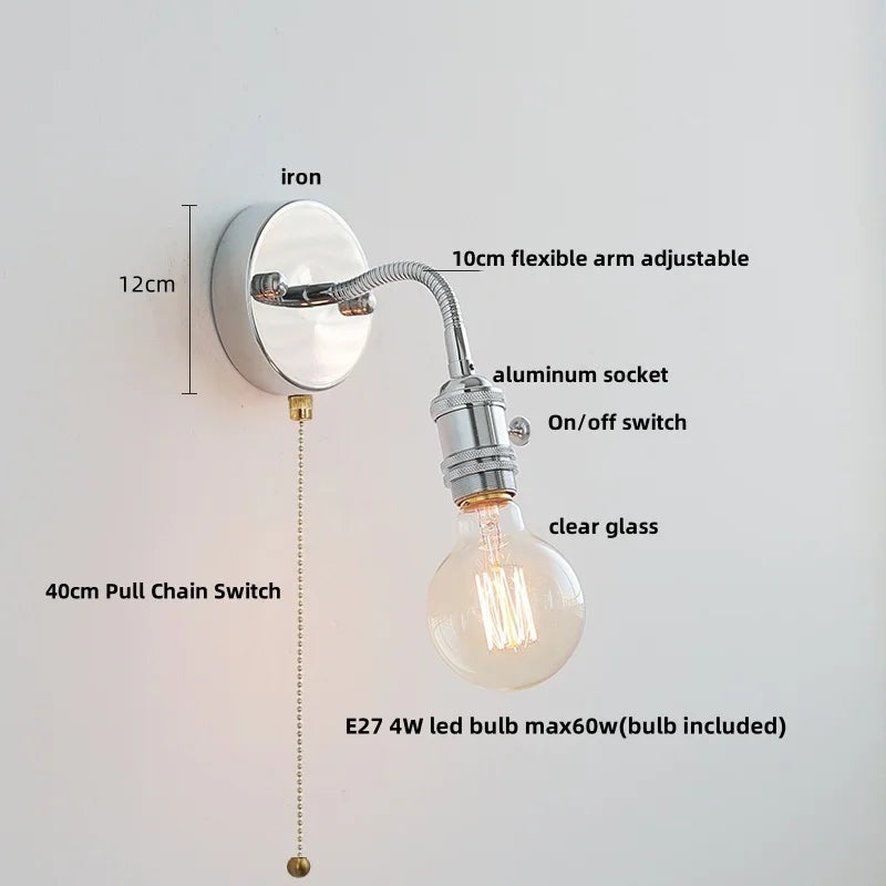 Glass Wall Light Fixture with Pull Chain Switch, Adjustable Arm, Modern Nordic Design