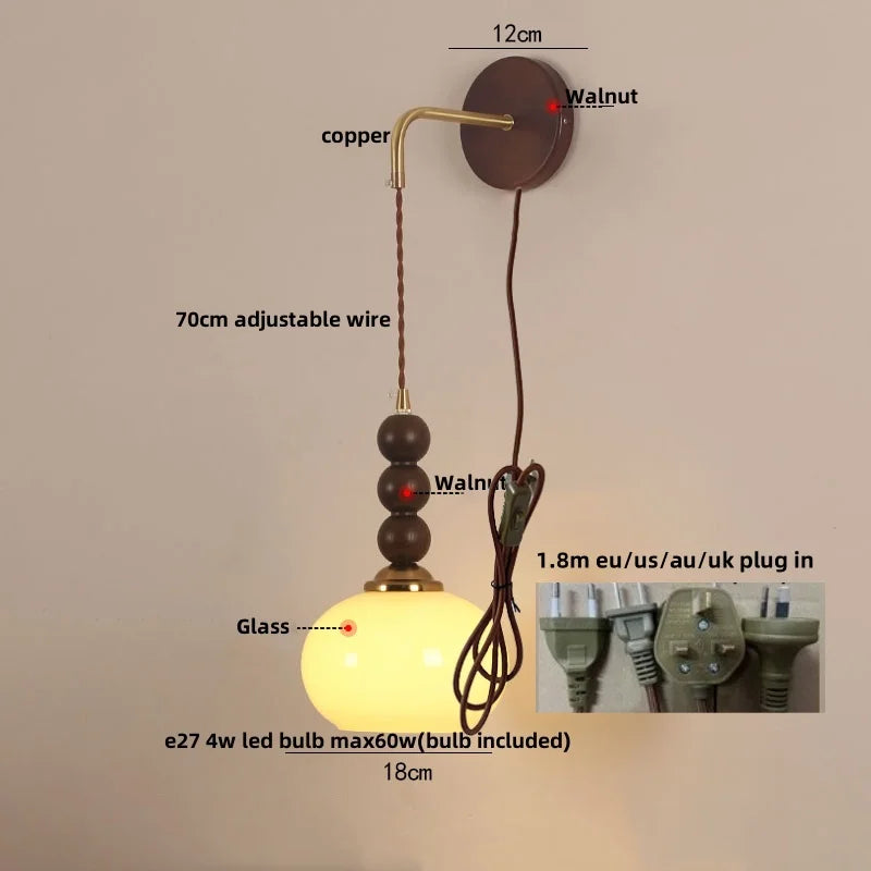 Modern LED Walnut Wood Wall Lights with Glass Shade & Pull Chain Switch
