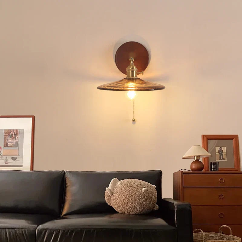 Copper Glass LED Wall Sconce Pull Chain Switch Stair Light