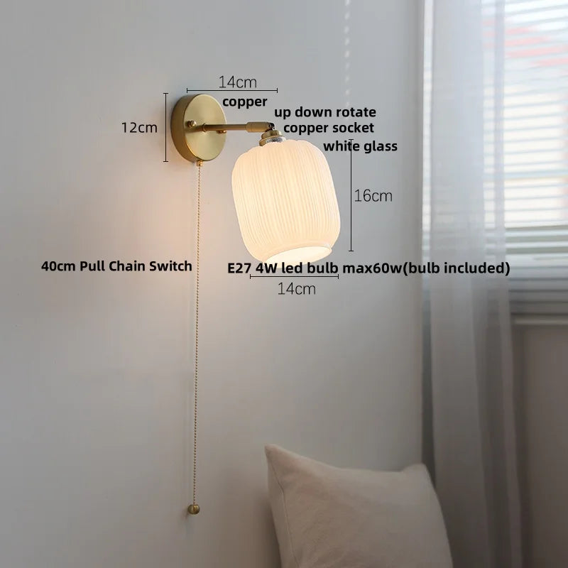 White Glass LED Wall Light with Pull Chain Switch, Japanese Style Hallway Lamp
