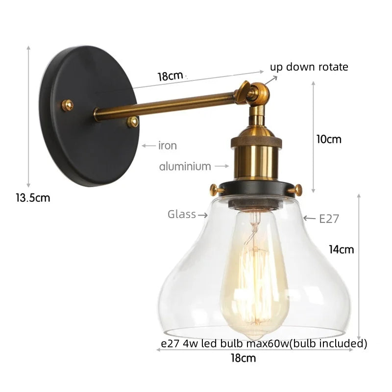Afralia™ Gold LED Wall Sconces Iron Loft Retro Home Bedroom Lamp