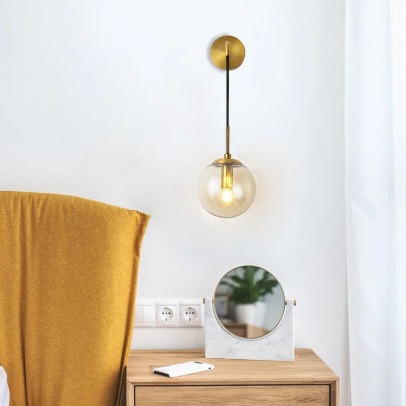 Nordic Brass Glass Wall Sconce: Elegant Living Room Bedside Lighting