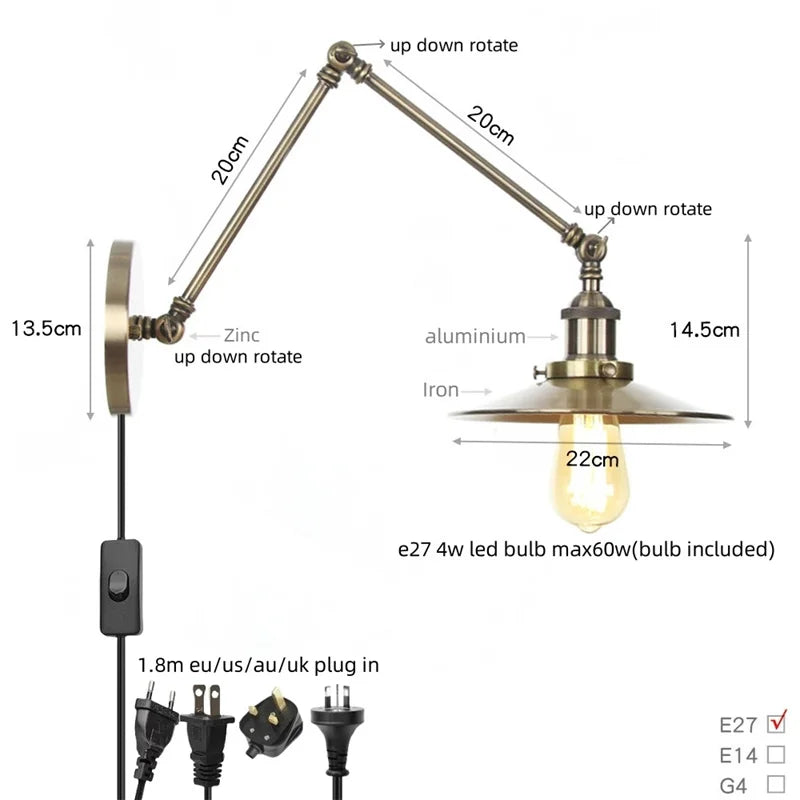 Vintage Industrial Long Arm Adjustable LED Wall Sconce Pull Chain Switch Bedside Lamp