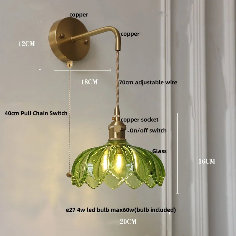 Green Glass LED Wall Lights Fixture with Pull Chain Switch