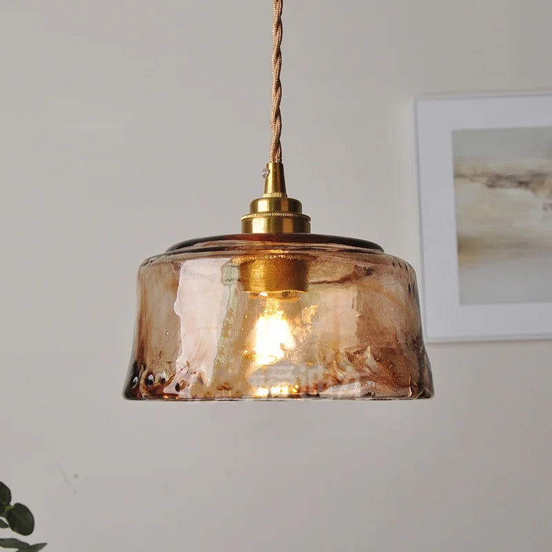 Amber Glass LED Pendant Lamp with Adjustable Wire for Dining Room and Kitchen