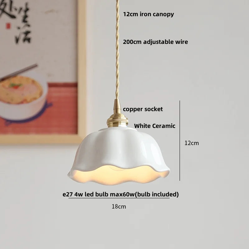 White Ceramic LED Pendant Lamp, Nordic Modern Hanging Light with Adjustable Copper Socket