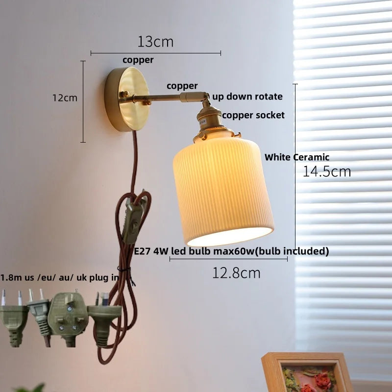 White Ceramic LED Wall Sconce with Pull Chain Switch & Rotate Copper Finish