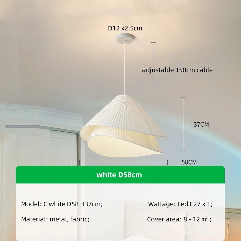 Nordic Pleated Fabric E27 Pendant Light Dining Room Creamy Hanging Lamp Bedroom Suspend Lamp - Afralia™