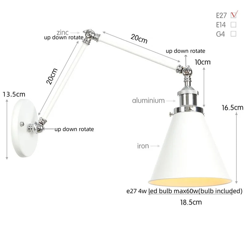 Vintage White LED Wall Sconce Stair Light Fixture with Pull Chain Switch
