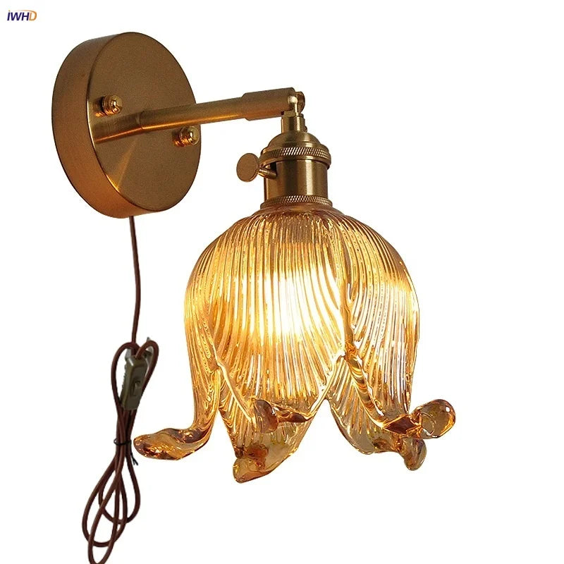 Afralia™ Loft Amber Glass LED Wall Light with Vintage Knob Switch