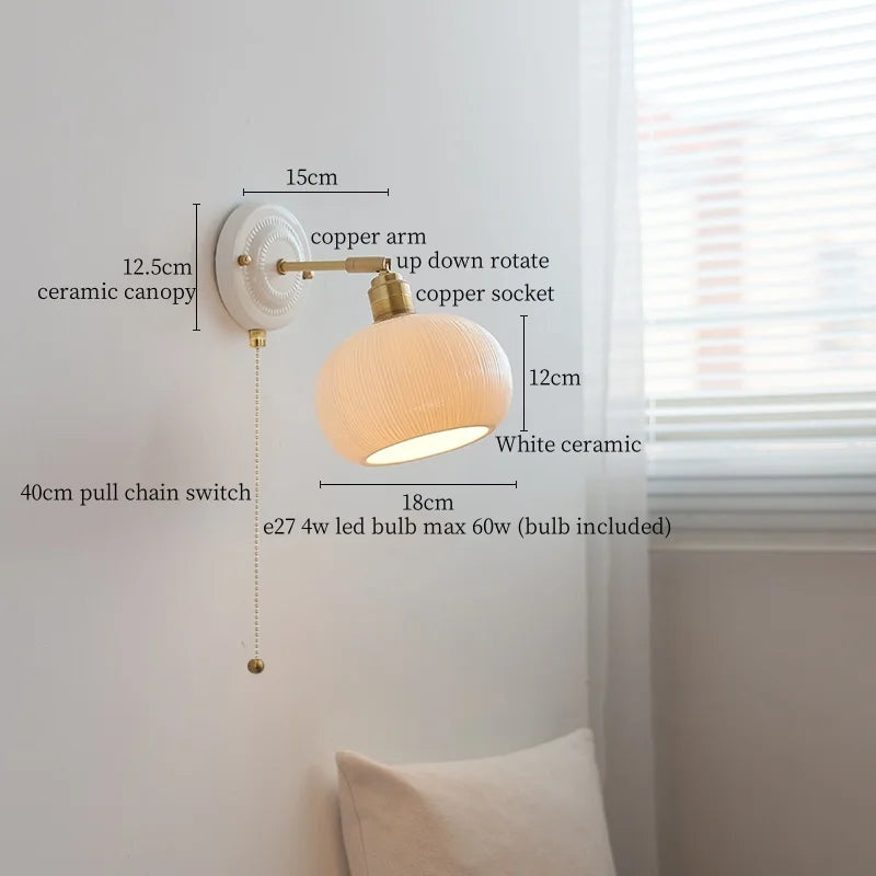 Nordic Ceramic LED Wall Lights Up Down Rotate Copper Pull Chain Switch