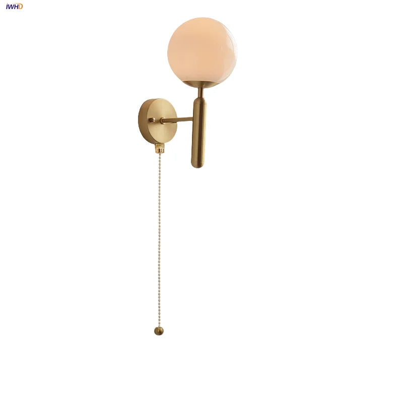 White Glass LED Wall Sconce with Pull Chain Switch & Copper Base
