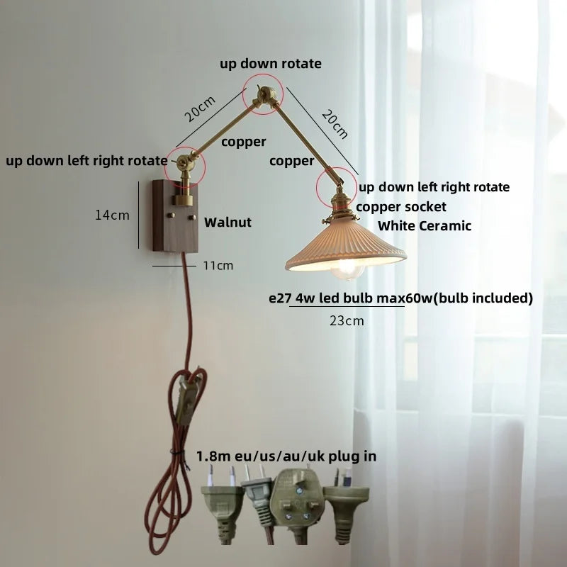 White Ceramic LED Wall Light Nordic Modern Copper Rotatable Bedside Lamp