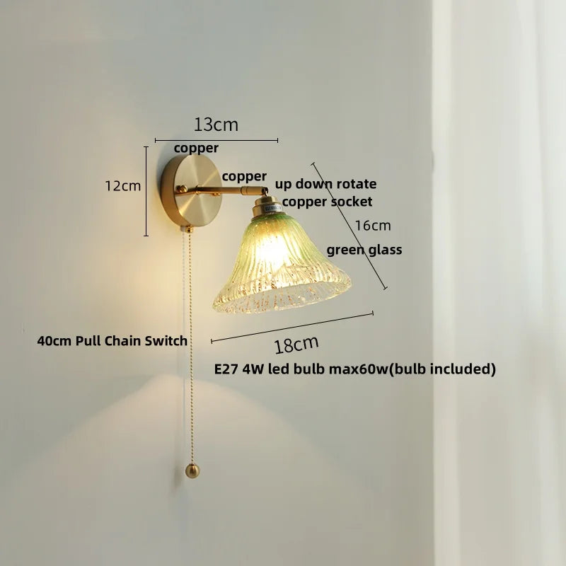 Blue Glass Wall Sconce Pull Chain Switch Rotate Stair Light