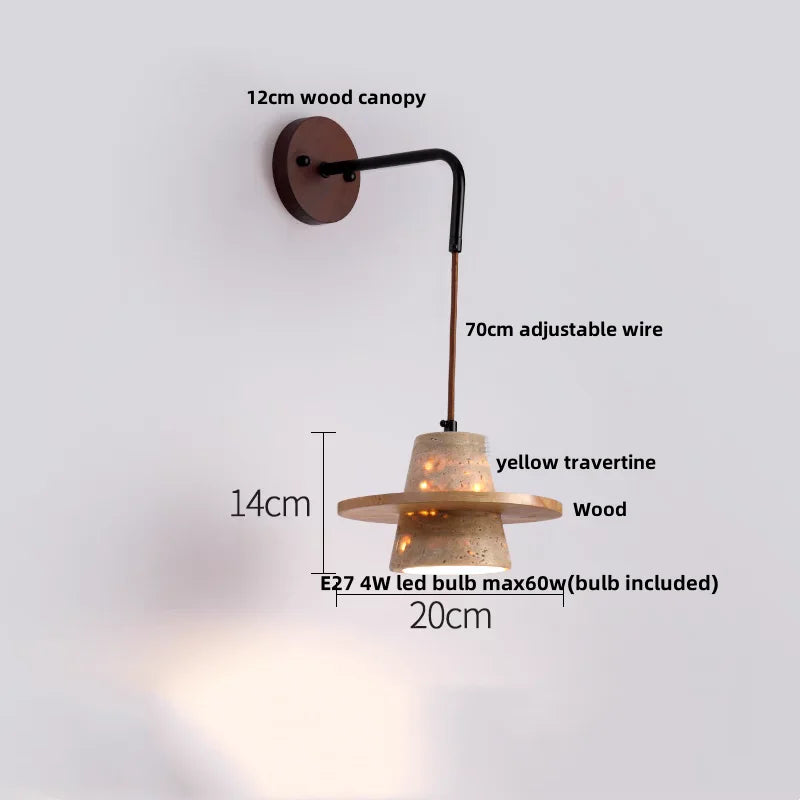 Yellow Travertine LED Wall Lamp with Pull Chain Switch, Nordic Modern Design