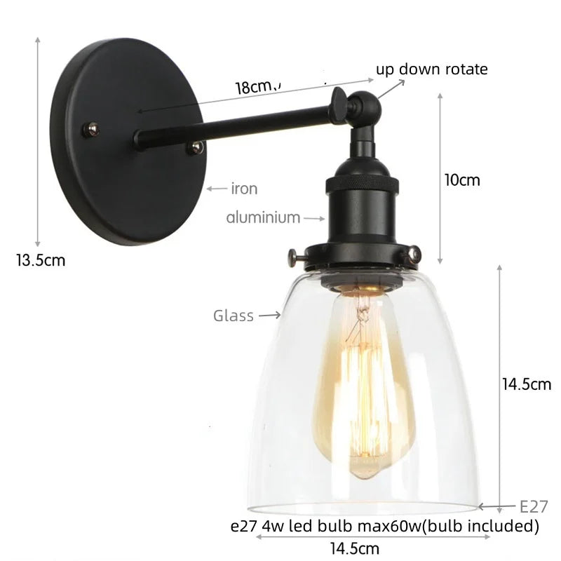 Vintage Single Arm LED Wall Lamp Iron Glass Retro Stair Light