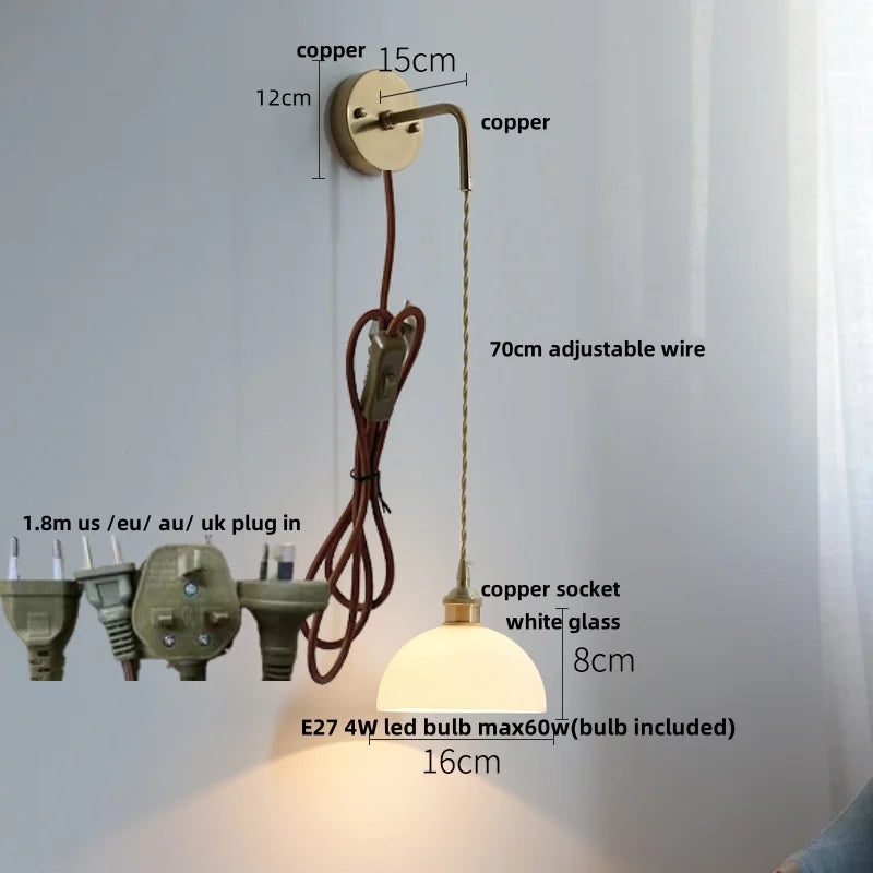 Nordic LED Wall Lamp Pull Chain Copper Glass Stair Light Sconce