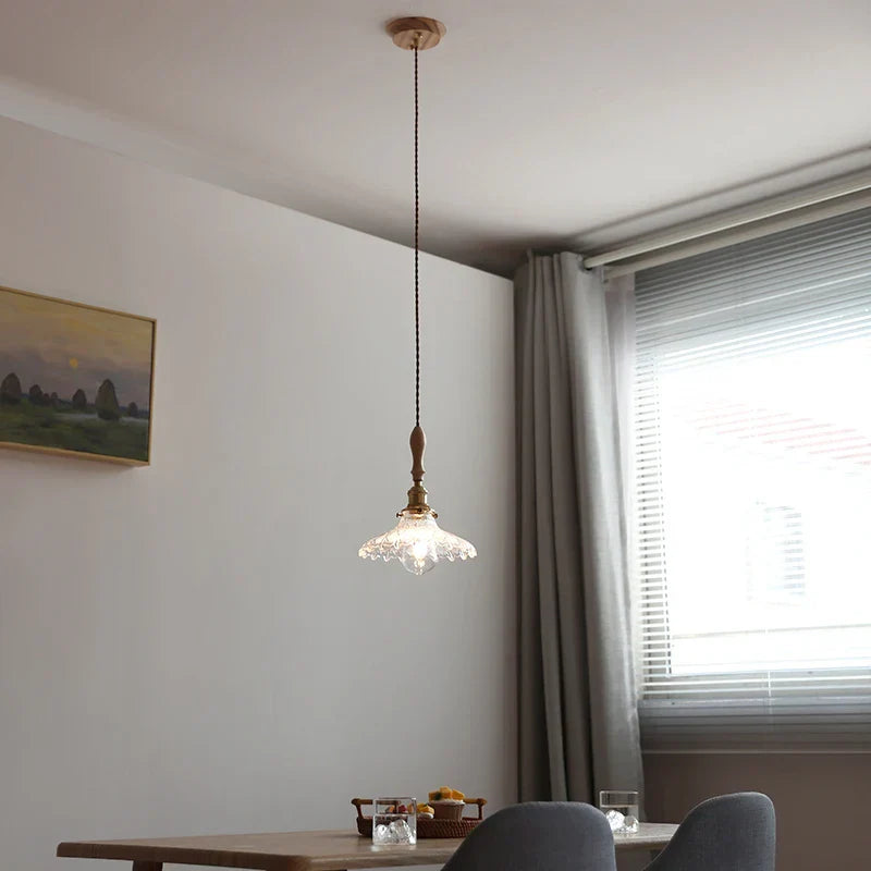 Glass LED Pendant Lamp with Wood Handle - Modern Nordic Hanging Light