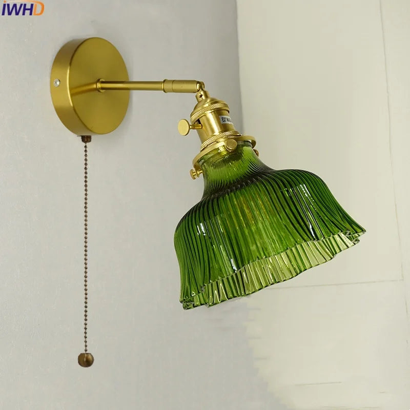 Nordic LED Wall Lights Pull Chain Switch Copper Glass Home Decor