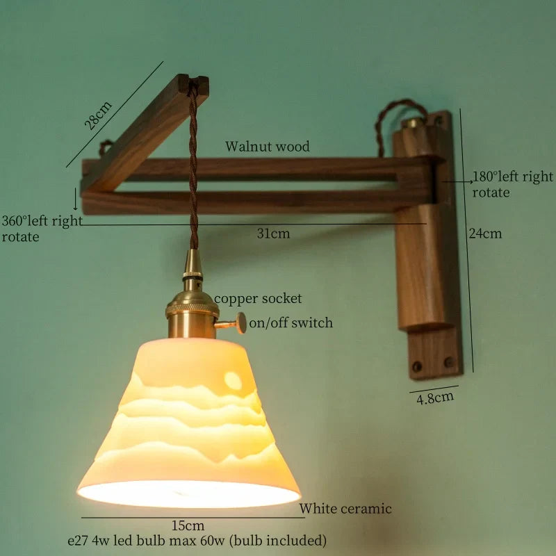 Walnut Wood LED Wall Lamp Copper Ceramic Minimalistic Loft Light